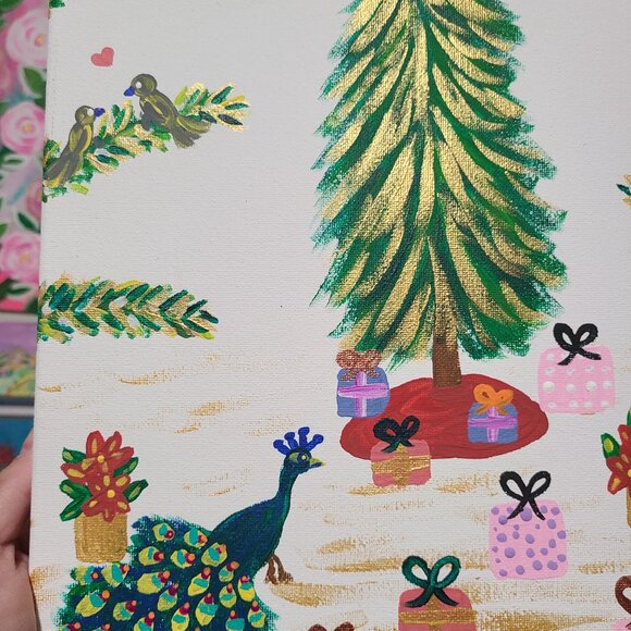 Christmas Peacock Original Painting Winter Artwork Christmas Wall Art - Picture 7 of 7